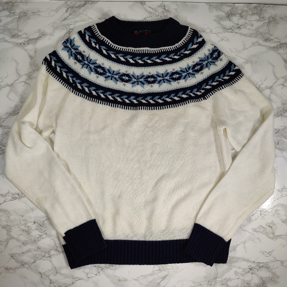 Vintage Sweaters - Vintage Cream and Navy Fair Isle Sweater Size Medium